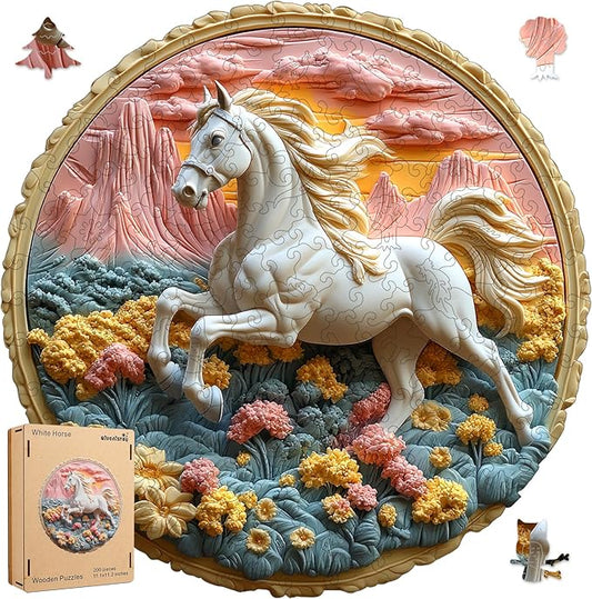 Wooden Puzzle for Adults 500 Piece - 3D Vision Effect Galloping White Horse Wooden Puzzle Unique Shape Advanced Wooden Jigsaw Puzzle, Wood Puzzles, Challenge Wooden Jigsaw Puzzle(16.3 x 16.5 in)