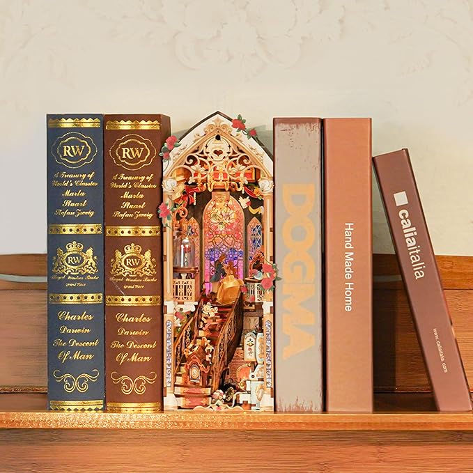 Tonecheer DIY Book Nook Kit for Adults, 3D Wooden Puzzle Music Booknook Miniature Dollhouse, Fairy Tale Bookend Bookshelf Decor with Dust Cover and LED Lights Gifts (Beast‌ and Beauty)