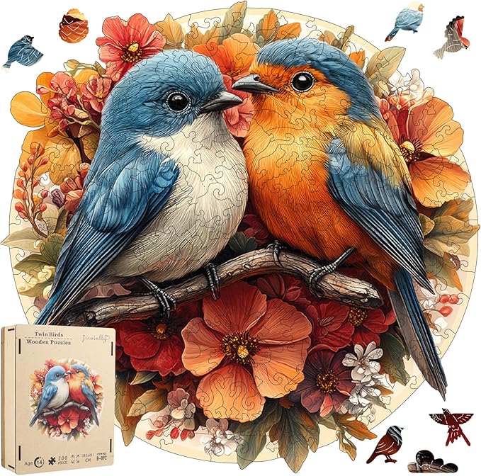 Wooden Jigsaw Puzzles -Twin Birds Wooden Puzzles for Adults, 200 Pcs Size 11.3'' x 11'', Luxurious Shaped Wood Puzzle, Beautiful Package, Best Gift for Adults, Family Game