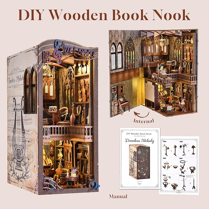 Timeless Melody Book Nook Kit, DIY Miniature Dollhouse Booknook Kit Music, 3D Wooden Puzzle Bookend Bookshelf Insert Decor with LED Light, Mini House Kit for Teens and Adults