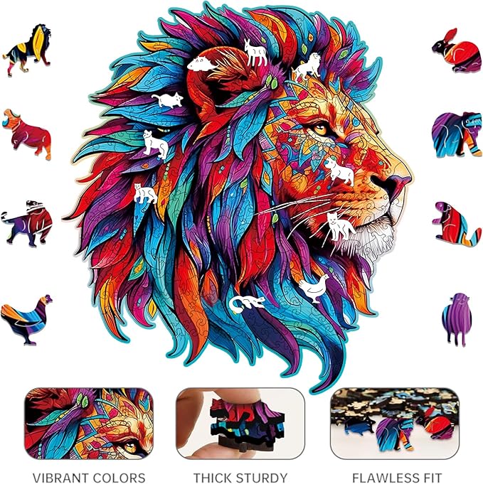 Wooden Puzzle for Adults,Lion Jigsaw Puzzles 300 Piece,Thanksgiving Birthday Gifts Family Game,Unique Shape Puzzle Challenge 14.9 x 14.9 Inch