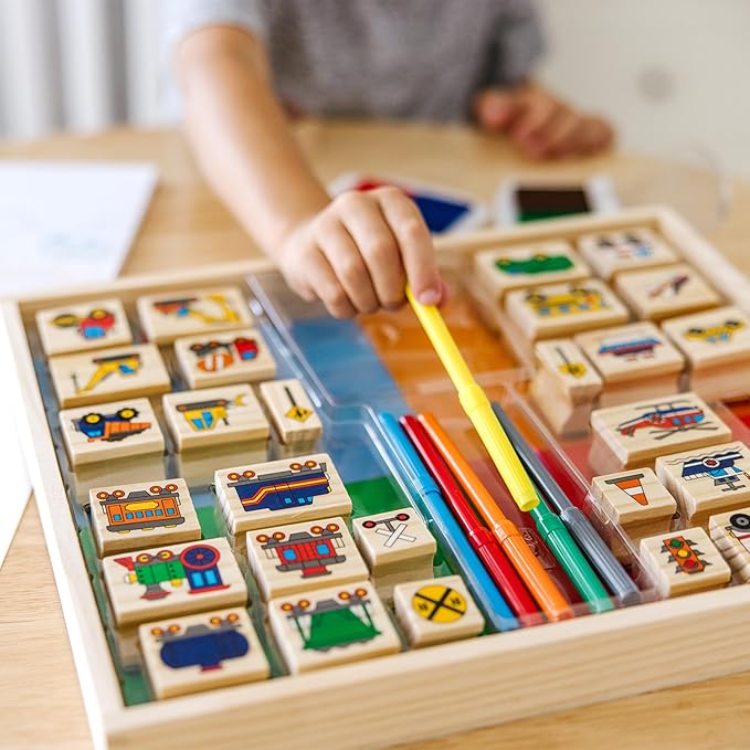 Melissa & Doug Deluxe Wooden Stamp and Coloring Set – Vehicles (30 Stamps, 6 Markers, 2 Durable 2-Color Stamp Pads)