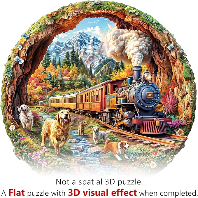 KAAYEE Wooden Puzzles for Adults, Dogs Racing Against Trains Wooden Jigsaw Puzzle 450 PCS Unique Shape Wood Puzzle Adult, 3D Visual Effect Flat Puzzle Birthday Family Games (XL-17.3 * 17in)