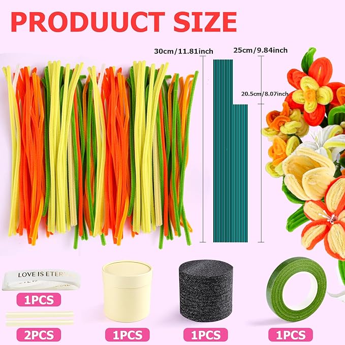 Pipe Cleaners Craft, Multi-Colored Pipe Cleaners Kit, Chenille Stems for DIY Flower Making Kit with Floral Wires, Come with Flower Base, Ideas for Party & Home Decor (A15)