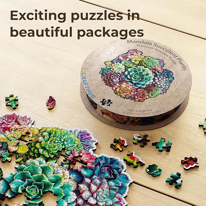 Crafthub Flowers Wooden Puzzles for Adults – A3 Mandala Succulent Plants with 152 Pieces Wood Puzzles – Jigsaw Puzzles with Unique Animal Shapes – 10.8" x 10.3"