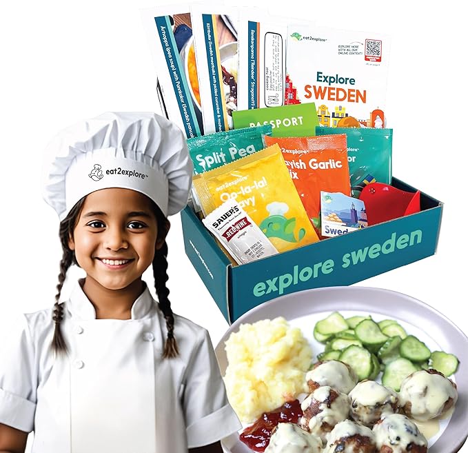 eat2explore Cooking Kits for Kids - Interactive & Educational Set with 3 Recipe Cards, Key Ingredients & Cooking Tools - Ideal Idea for Kids who Love to Create Meals (Sweden Edition)