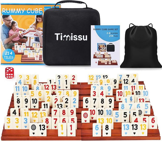 Rummy Cube 6-8 Players with 8 Wooden Racks 214 Large Number Rummy Tiles Travel Size Rummy Cube Game with Case 8 Players Travel Game Set for Fun Family Board Games