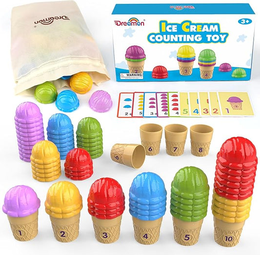 Ice Cream Color Sorting Toys for Toddlers, Montessori Counting Pretend Play Toys - 76 Pieces, Early Math Manipulatives Learning Toys with 10 Educational Number Cards for Preschool Kids (Number)