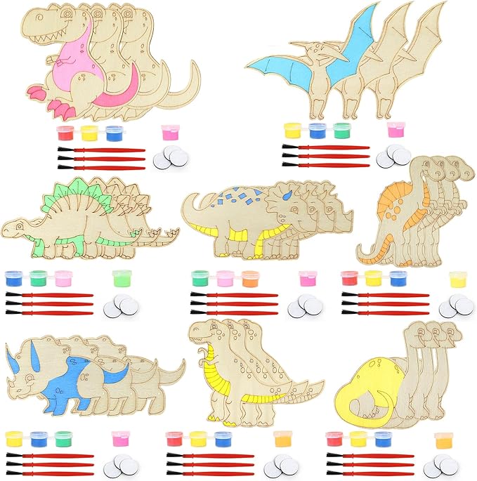 LARDUX Dinosaur Party Favors, 24PCS DIY Wooden Arts & Crafts Painting Kit for Kids, Glow in The Dark Party Favors Family Crafts Birthday Party Christmas Gifts Toys for Boys Girls