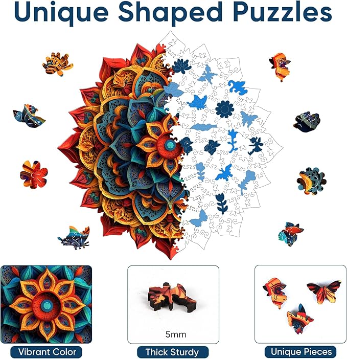 Ruikiyart Wooden Puzzles for Adults, 5MM 500 Pieces 3D Vision Mandala Wooden Jigsaw Puzzle, Unique Shaped Wooden Puzzles for Kids and Adults on Birthday, Thansgiving, Christmas (16.5"*16.5")