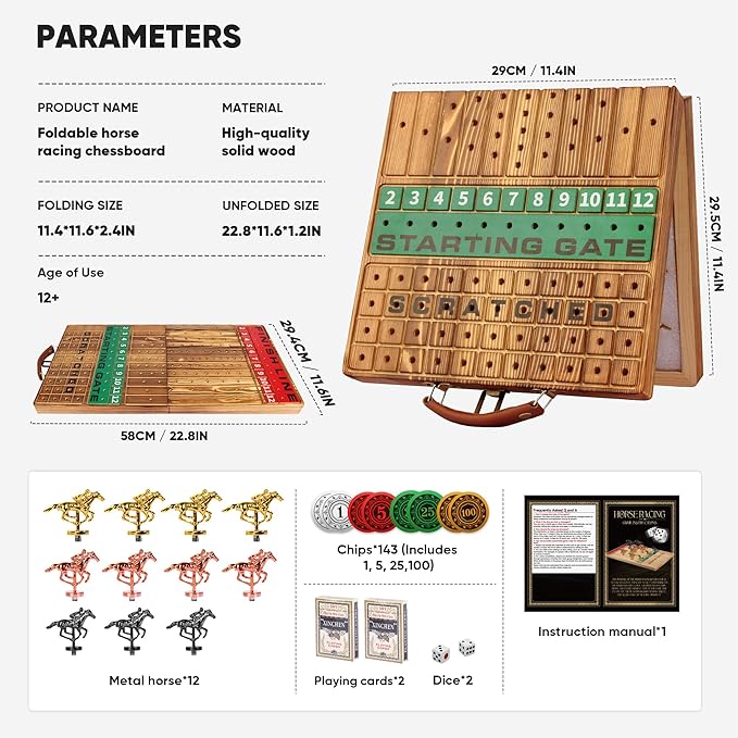 Large 22.8 inches Foldable Horse Race Board Game for Adults, Thickened Solid Wood with 11 Luxurious Durable Classic Metal Horses, 143 Chips, 2 Dice, 2 Boxes of Cards