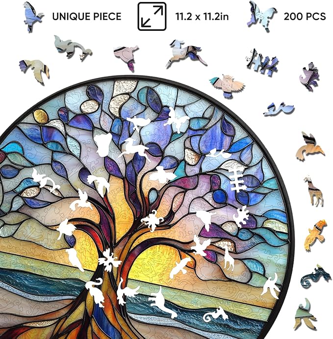 Wooden Puzzle for Adults, Seaside Tree of Life Puzzles for Adults, Unique Shaped Challenge Puzzle, Beautiful Package, Best Gift Toys for Family Friends, Brain Games Medium 11.2x11.2in