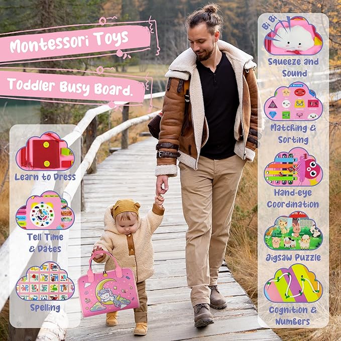 TenFans Montessori Busy Board for Toddlers 3-5 Years - Sensory Toys for Fine Motor Skills - Felt Travel Activity Board with Zipper