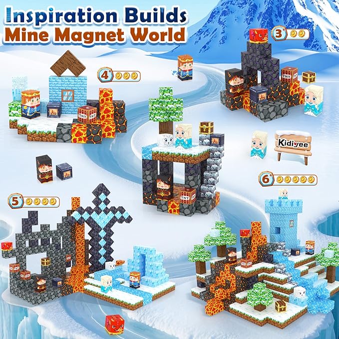 Magnetic Blocks - Build Mine Magnet World Ice Lava Set, Vibrant Colorful Building Blocks with Ultra Magnet Strength for Kids Ages 3-8, STEM Toys Creative Gifts for 3+ Year Old Boys Girls (100PCS/0.8")