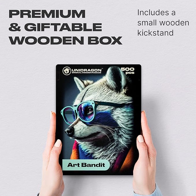 UNIDRAGON Original Wooden Jigsaw Puzzles - Pop Art Glow Up Collection - Bandit - Raccoon Puzzle 500 Pieces, Beautiful Gift Package, Wooden Puzzle for Adults