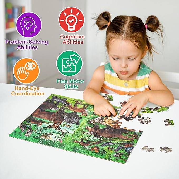BenBen Puzzles for Kids Ages 4-6, Double Sided 100 Piece Puzzles for Kids, 2 in 1 Puzzle, Wild Animals, Learning Educational Jigsaw Puzzles Toys for Boys Girls (15.75” x 11.75”)