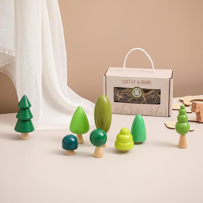 OESSUF 8Pcs Wooden Tree Toy Set Wooden Forest Various Sizes Natural Woodland Trees Creative Toddler Arts Toy