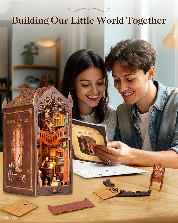 [2025 New] Magic Bookstore Book Nook Kit with Dust Cover & LED Light, DIY Miniature House Kit Toy, 3D Wooden Puzzle Bookshelf Decor Building Kit, Birthday Gifts for Family & Friends