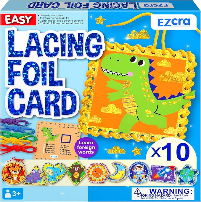 EZCRA Lacing Cards for Kids Ages 3-5 - 10 Pcs Animal and Space Theme with Colorful Laces - Craft Kit for Kids DIY Activity Set - Fine Motor Skills Toys and Preschool Learning Activities