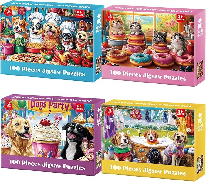 4-Pack 100 Piece Puzzles for Kids Ages 6-8 8-10 Year Old Large Piece Puzzles for Seniors 100 Pieces Jigsaw Puzzles for Kids Ages 4-6, Learning Educational Toys for Boys and Girls- Dogs Kittens Donuts