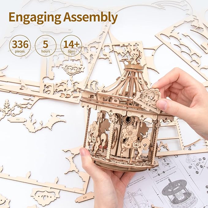 ROKR 3D Wooden Puzzles Music Box - DIY Model Building Kit Mechanical Merry-go-Round Exquisite Display Gifts for Teens Man/Woman Family