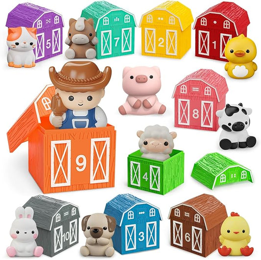 Learning Toy for Toddlers 1 2 3+ Years Old, 20 PCS Farm Animal Barn playset & Finger Puppets, Montessori toys for Kids,10 Animals & 10 Barns for Babies Boys Girls Easter Christmas Birthday Gift