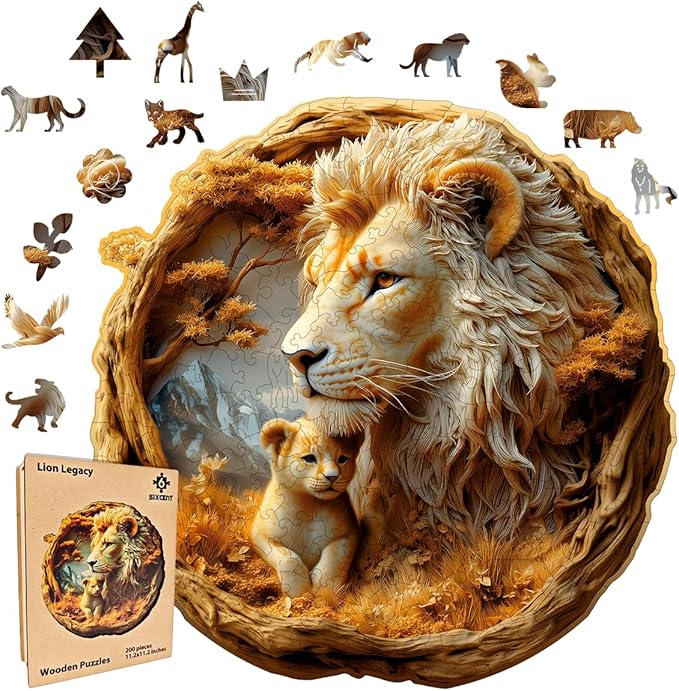 Wooden Jigsaw Puzzle, 200-500 Pieces Unique Shape Animal Puzzle, for Adults & Kids, Birthday Gift Family Game, Decorative Puzzle, Unique Gift (Lion Legacy, 200 PCS)