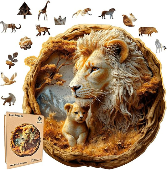 Wooden Jigsaw Puzzle, 200-500 Pieces Unique Shape Animal Puzzle, for Adults & Kids, Birthday Gift Family Game, Decorative Puzzle, Unique Gift (Lion Legacy, 200 PCS)