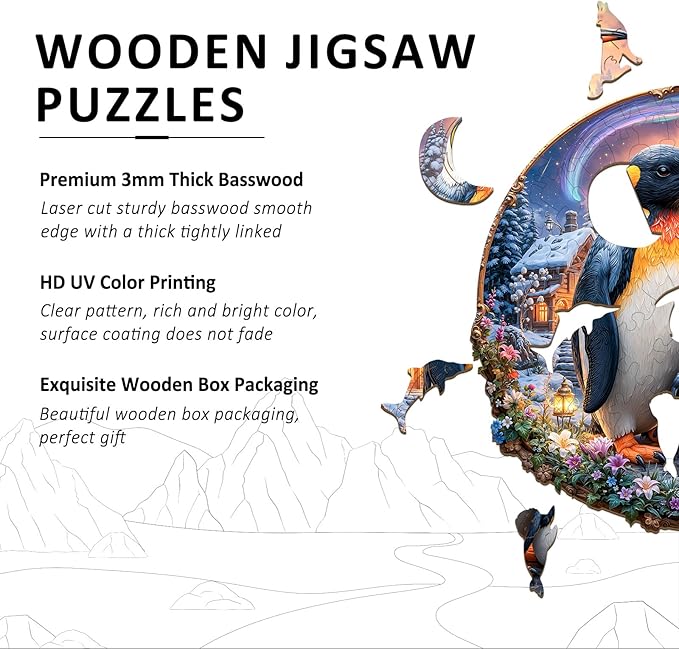 Wooden Puzzles for Adults - Aurora Penguins Wooden Jigsaw Puzzle 95 pcs - Unique Animal Shape Wood Cut Puzzles - Eco-Friendly Home Office Decor (8.4 * 8.4in)
