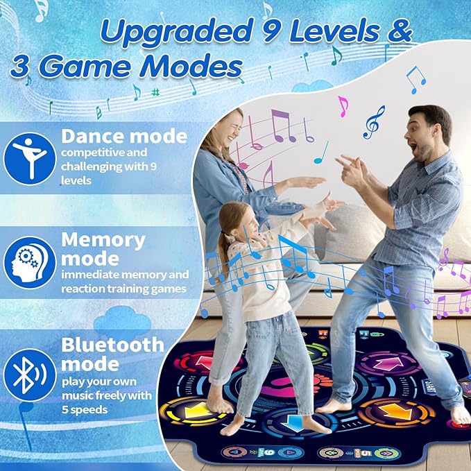 Kids Electronic Dance Pad with Light-up 6-Button & Wireless Bluetooth, Music Dance Game Mat with Built-in Music 9 Levels and 3 Modes, Birthday Gifts, Toys for Girls Ages 4-8, 8-12