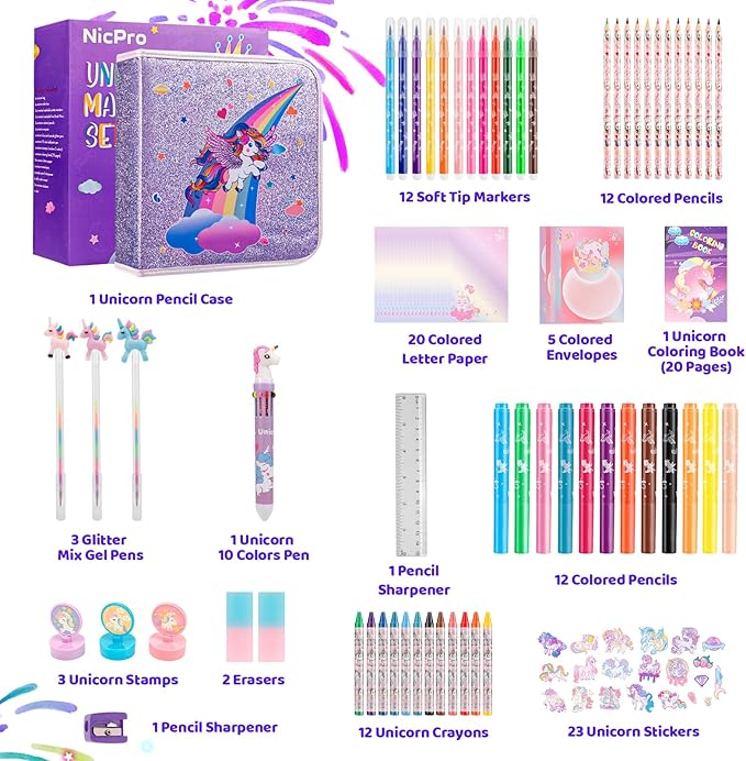 Nicpro 110PCS Unicorn Washable Markers Set with Glitter Pencil Case, Art Supplies for Kids Ages 4-6-8, Arts Crafts Coloring Set with Stickers, Unicorn Birthday Gifts for Girls 4 5 6 7 8 9 Year Old
