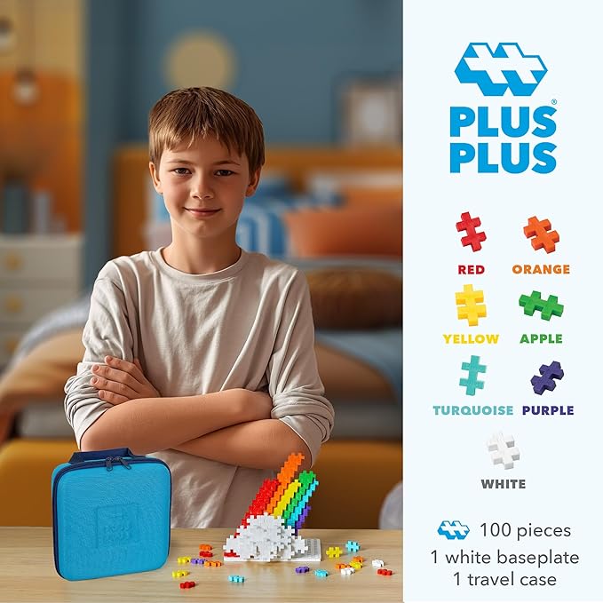 PLUS PLUS Building Set with Travel Case, 3D Open Ended Stem Toy for Kids, 100 Mini Interlocking Pieces, 1 Baseplate - Rainbow Mix