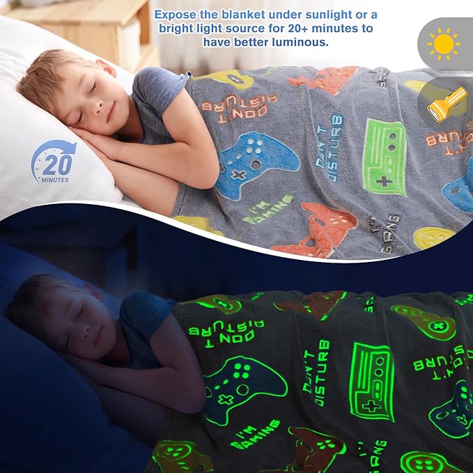 Gaming Blanket Gifts Toys for Boys - Glow in The Dark Game Controller Gamer Throw for Kids Age 1-14 Year Old Teens Child Toddler Son Birthday Christmas Valentines Easter Party Favors Presents 50"x60"