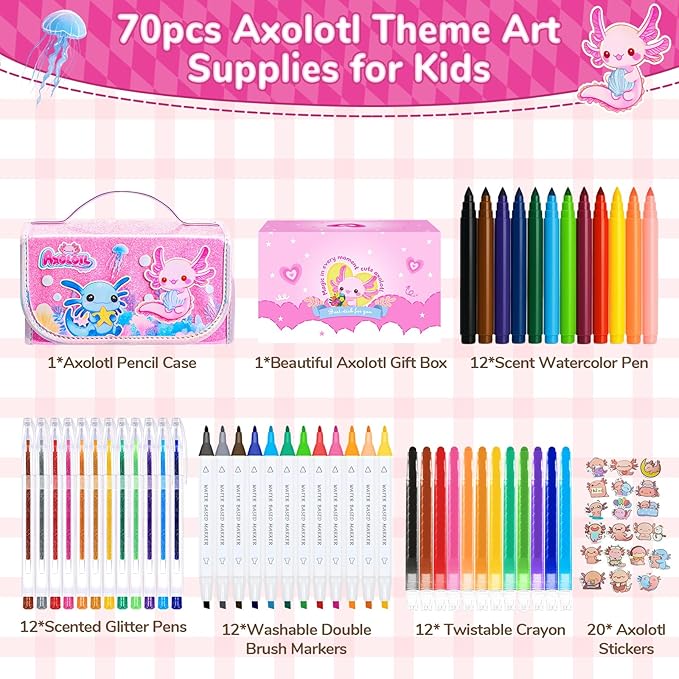70PCS Axolotl Washable Markers Set with Glitter Pencil Case,Art Supplies for Kids Ages 4-6-8,Drawing Coloring Art Craft Kits for Girls with Marker,Glitter Pens,Crayon,Birthday Gifts Toys for Girls