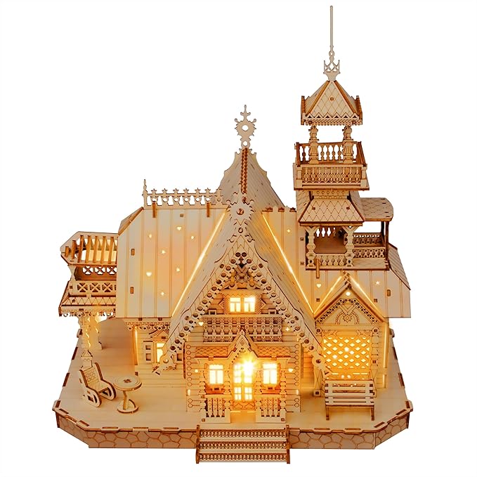 Vintage Villa 3D Wooden Puzzle,Building Kits for Adults and Teens,Educational Brain Teaser Assembly Model with LED Lights,Skill Building and Creative Fun