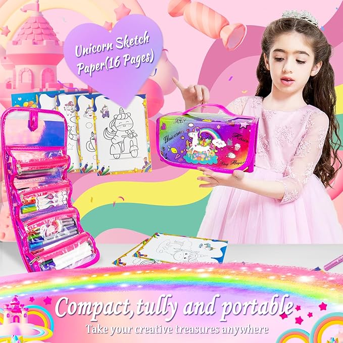 weirtoya 70 PCS Washable Scented Markers Set with Glitter Pencil Case, Mermaid Unicorn Arts and Crafts for kids 4-6-8 Kids Coloring Drawing Kits for 4-8 Years Old Girls Birthday Gifts