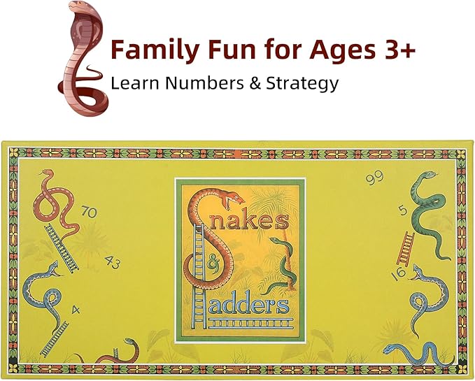 Classic Snakes and Ladders Board Game – Foldable Family Board Game with Dice & Pawns, Retro Educational Toy for Kids & Adults, Travel Portable Game Set for 2-4 Players Ages 3+
