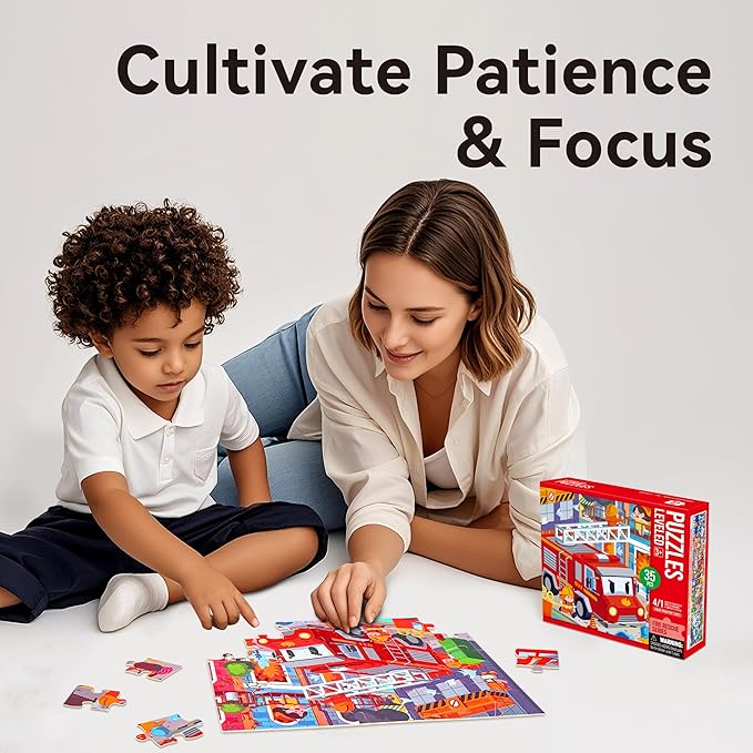 Dotimo 4-in-1 Vehicle Puzzles for Toddlers 3-5 – Fire Truck, Police Car, Ambulance & Cement Mixer Puzzles, 24/30/35/48 Piece Educational Games with Storage Box