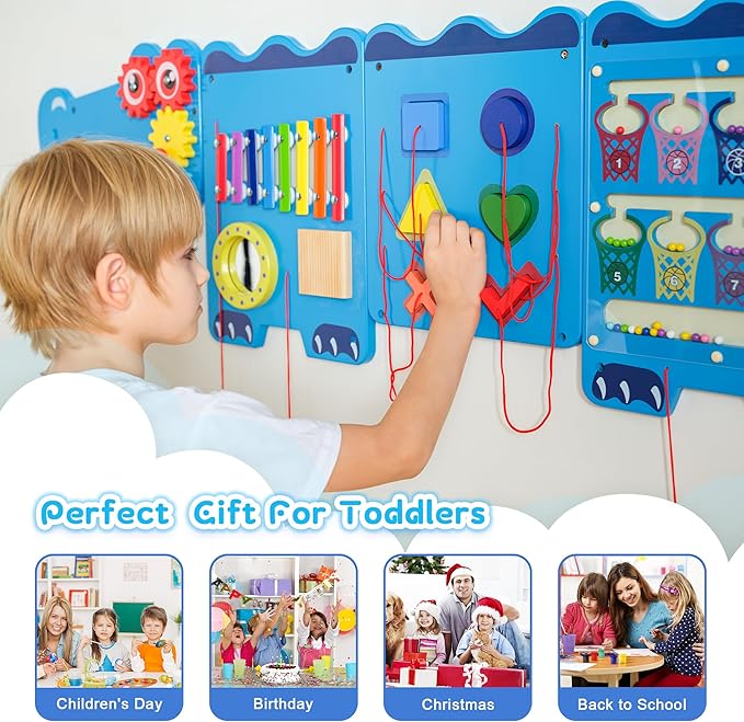 Crocodile Sensory Toys Activity Wall Panels - Montessori Busy Board, Toddler Learning Panel, Wall-Mounted Playroom/Daycare Educational Toys, Interactive Wooden Gift for Kids 3-6, Blue