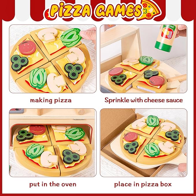 Wooden Pizza Toy, Montessori Pretend Play Toys, Wooden Pizza Counter Playset, Play Food and Accessories, Cooking Pretend Play Toys for Boys Girls Age 3+