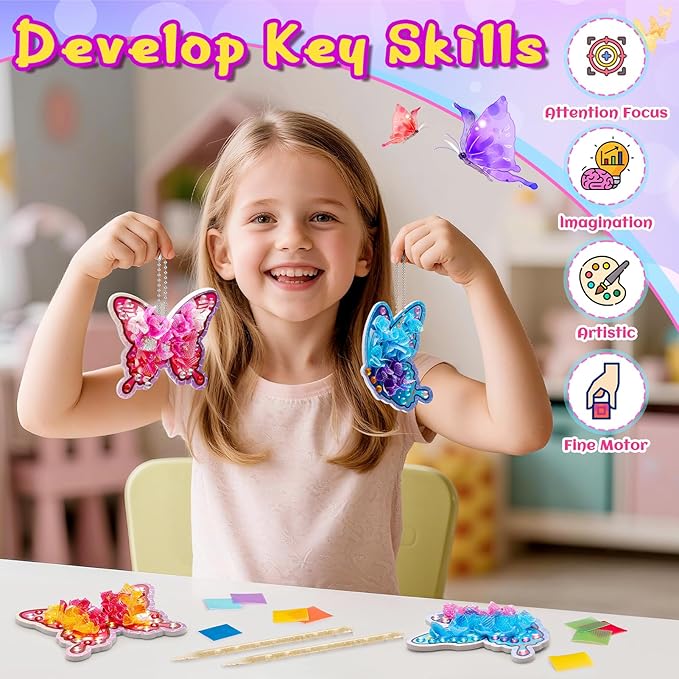 CrispPlay Crafts for Kids Ages 4-8 8-12 Girls Toys, 8pcs Poke Art Craft Kits for 4 5 6 7 8 9 Year Old Girls Birthday Christmas Gifts, DIY Bouquet & Butterfly, Mess Free