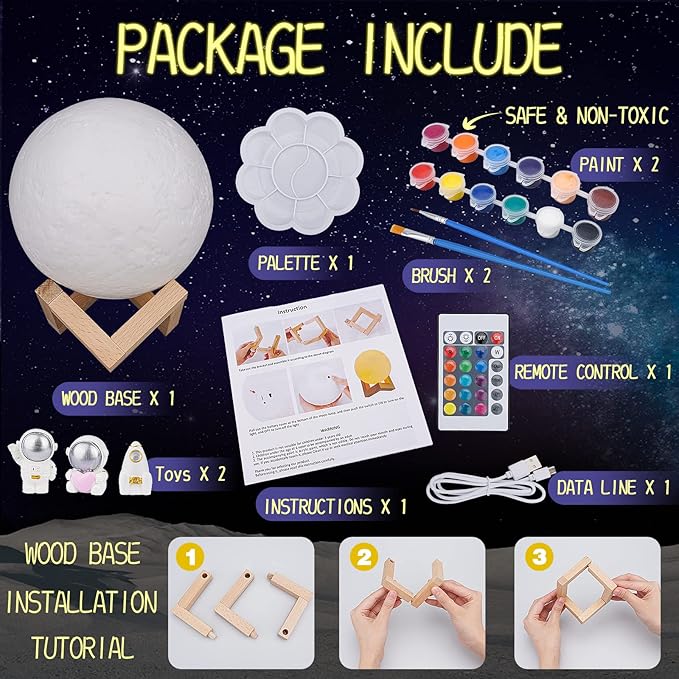 Minleway 7.1 Inches 16 Colors Rechargeable Paint Your Own Moon Lamp Kit, DIY Night Light Arts & Crafts Kit Gift for Kids, Women,Teen Girls Birthday Ages 5 6 7 8 9 10 11 12 Bulk Home Room Decor