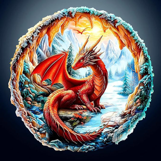 Wooden Puzzles for Adults - Crimson Dragon Wooden Jigsaw Puzzle - Unique Shape 3D Vision Wood Puzzles Adult - Christmas Birthday Gifts for Adults/Friends/Family - 95pcs 8.5 * 8.5in