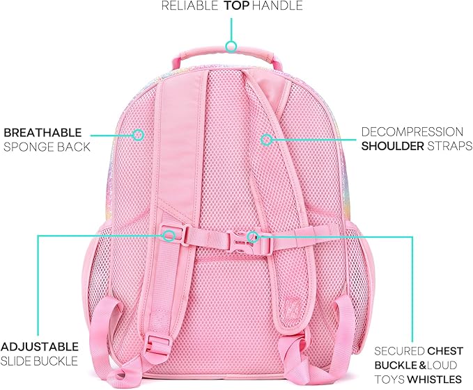 mibasies Girls Backpack 5-8: Glitter Kids Backpacks for Girls - Girl Bookbag for Elementary School - Rainbow Pink