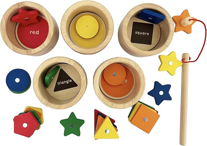 Dailyfunn Montessori Toy Wooden Sorting Cup&Fishing Game 2-in-1 Colors Shapes Sorting Matching Learning Toys for Toddlers 1-3 Year Old