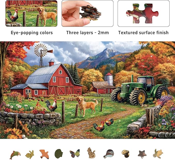 Fall Farm Jigsaw Puzzles for Adults 1000 Pieces, Brain Challenging Shaped Puzzle for Game Night, Family, Friends, Puzzle Size is 26.6 x 19.2 Autumn