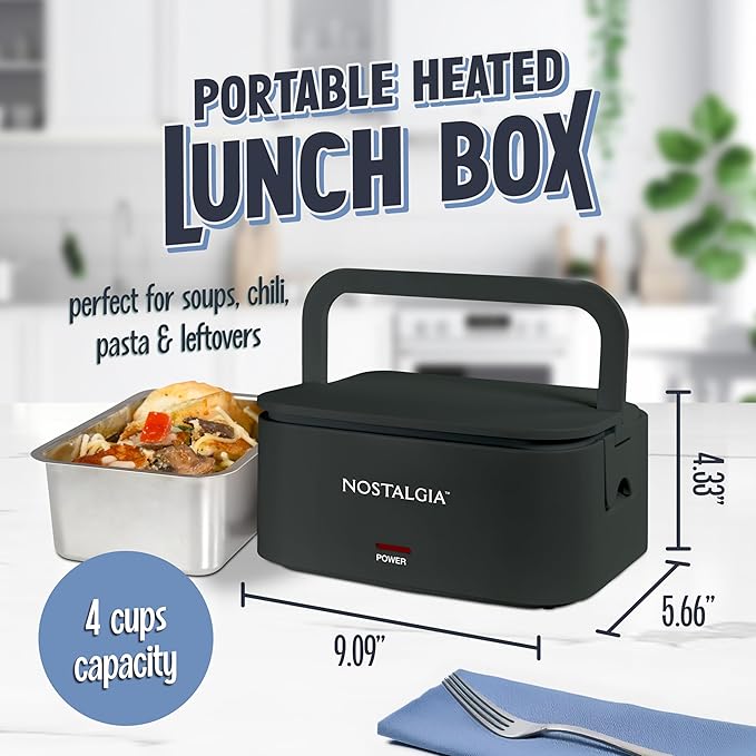 Nostalgia 32-Ounce Heated Electric Lunch Box – Travel Size 4 Cup Capacity for Soup, Pasta, and Leftovers – Leak-Proof Silicone Sealed Lid, Foldable Carry Handle, Detachable Cord – Black