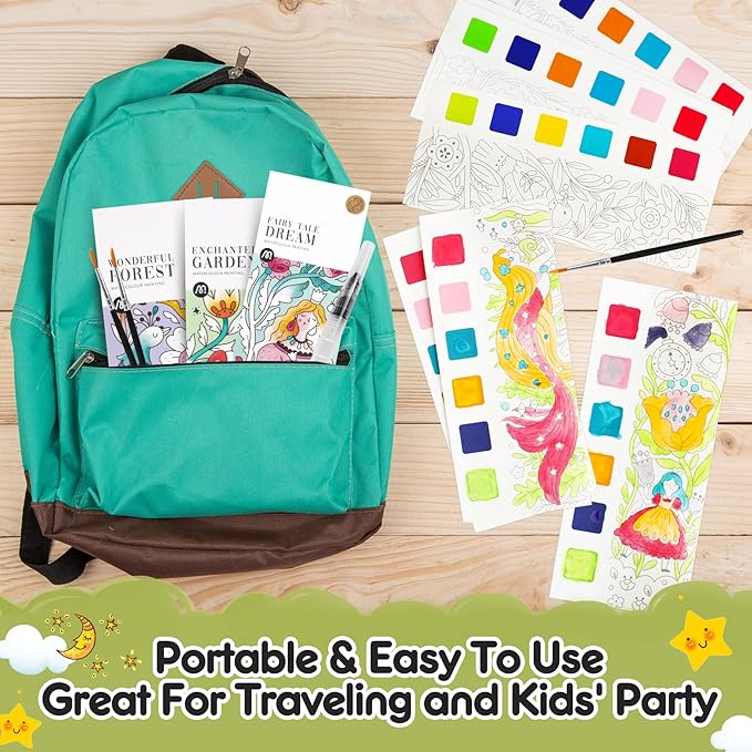 Watercolor Painting Coloring Books Arts & Crafts Kit, Pocket Watercolor Paint Bookmarks, Mess Free Paint with Water Set, Travel Activities Art Supplies Party Favors Exchange Birthday Gifts for Kids