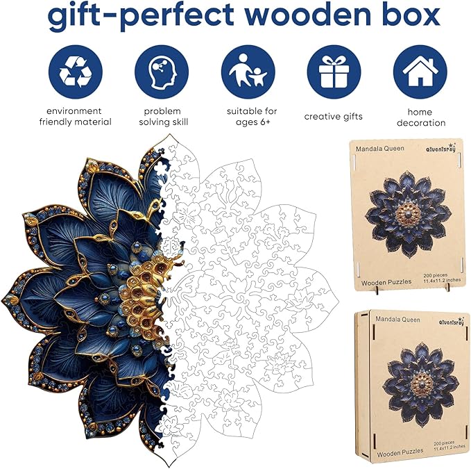 Puzzles for Adults 500 Pieces, Mandela Queen Flower Wooden Puzzles,16.5x16.5in, Royal, Unique Shaped Lotus Yoga Gifts Jigsaw Puzzles, Irregular Wood Puzzles Creative Gift for Adults Family Game