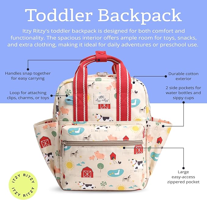 Itzy Ritzy Toddler Backpack - Daycare Bag - Features Adjustable Shoulder Straps, 2 Side Pockets & Spacious Interior with Wipeable Fabric Lining & Name Label, Farm Backpack